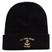 Made in USA Silver US Coast Guard Veteran Logo 12 Inch Solid Knit Cuff Long Beanie - Black OSFM