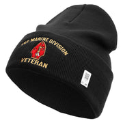 2nd Marine Division Veteran Logo Embroidered 12 Inch Solid Knit Cuff Long Beanie Made in USA - Black OSFM