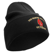 2nd Marine Division Veteran Logo Embroidered 12 Inch Solid Knit Cuff Long Beanie Made in USA - Black OSFM