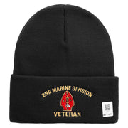 2nd Marine Division Veteran Logo Embroidered 12 Inch Solid Knit Cuff Long Beanie Made in USA - Black OSFM