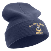 Made in USA Silver US Coast Guard Veteran Logo 12 Inch Solid Knit Cuff Long Beanie - Navy OSFM