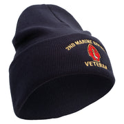 2nd Marine Division Veteran Logo Embroidered 12 Inch Solid Knit Cuff Long Beanie Made in USA - Navy OSFM