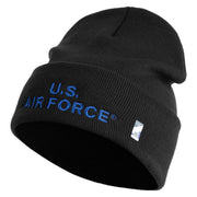 US Air Force Navy Letter Logo Embroidered 12 Inch Solid Knit Cuff Long Beanie Made in USA - Black OSFM