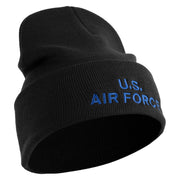 US Air Force Navy Letter Logo Embroidered 12 Inch Solid Knit Cuff Long Beanie Made in USA - Black OSFM