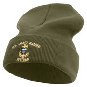 Made in USA Silver US Coast Guard Veteran Logo 12 Inch Solid Knit Cuff Long Beanie - Olive OSFM