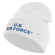 US Air Force Navy Letter Logo Embroidered 12 Inch Solid Knit Cuff Long Beanie Made in USA - White OSFM