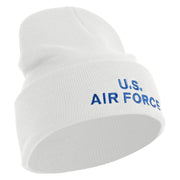 US Air Force Navy Letter Logo Embroidered 12 Inch Solid Knit Cuff Long Beanie Made in USA - White OSFM