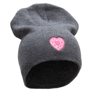 Made in USA Valentine's Heart Embroidered 8 Inch Solid Knit Short Beanie - Charcoal OSFM