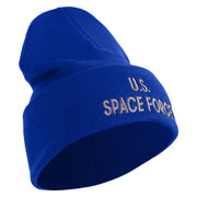 US Space Force Grey Letter Logo Embroidered 12 Inch Solid Knit Cuff Long Beanie Made in USA - Royal-Blue OSFM