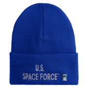 US Space Force Grey Letter Logo Embroidered 12 Inch Solid Knit Cuff Long Beanie Made in USA - Royal-Blue OSFM