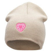 Made in USA Valentine's Heart Embroidered 8 Inch Solid Knit Short Beanie - Stone OSFM