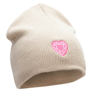 Made in USA Valentine's Heart Embroidered 8 Inch Solid Knit Short Beanie - Stone OSFM