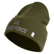 US Space Force Grey Letter Logo Embroidered 12 Inch Solid Knit Cuff Long Beanie Made in USA - olive OSFM