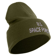 US Space Force Grey Letter Logo Embroidered 12 Inch Solid Knit Cuff Long Beanie Made in USA - olive OSFM