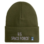 US Space Force Grey Letter Logo Embroidered 12 Inch Solid Knit Cuff Long Beanie Made in USA - olive OSFM