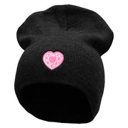 Made in USA Valentine's Heart Embroidered 8 Inch Solid Knit Short Beanie - Black OSFM