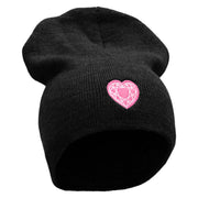 Made in USA Valentine's Heart Embroidered 8 Inch Solid Knit Short Beanie - Black OSFM