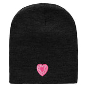 Made in USA Valentine's Heart Embroidered 8 Inch Solid Knit Short Beanie - Black OSFM