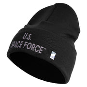US Space Force Grey Letter Logo Embroidered 12 Inch Solid Knit Cuff Long Beanie Made in USA - Black OSFM