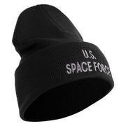 US Space Force Grey Letter Logo Embroidered 12 Inch Solid Knit Cuff Long Beanie Made in USA - Black OSFM