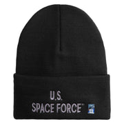US Space Force Grey Letter Logo Embroidered 12 Inch Solid Knit Cuff Long Beanie Made in USA - Black OSFM