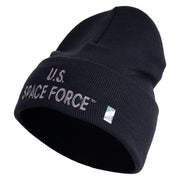 US Space Force Grey Letter Logo Embroidered 12 Inch Solid Knit Cuff Long Beanie Made in USA - Navy OSFM