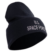 US Space Force Grey Letter Logo Embroidered 12 Inch Solid Knit Cuff Long Beanie Made in USA - Navy OSFM