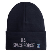US Space Force Grey Letter Logo Embroidered 12 Inch Solid Knit Cuff Long Beanie Made in USA - Navy OSFM