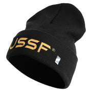 USSF Gold Letter Logo Embroidered 12 Inch Solid Knit Cuff Long Beanie Made in USA - Black OSFM