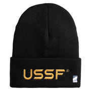 USSF Gold Letter Logo Embroidered 12 Inch Solid Knit Cuff Long Beanie Made in USA - Black OSFM