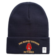 2nd Marine Division Retired Logo Embroidered 12 Inch Solid Knit Cuff Long Beanie Made in USA - Navy OSFM