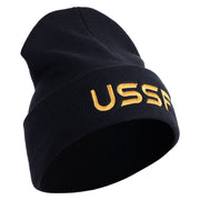USSF Gold Letter Logo Embroidered 12 Inch Solid Knit Cuff Long Beanie Made in USA - Navy OSFM