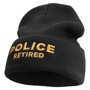 Made in USA Police Retired Logo 12 Inch Solid Knit Cuff Long Beanie - Black OSFM