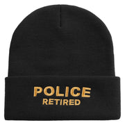 Made in USA Police Retired Logo 12 Inch Solid Knit Cuff Long Beanie - Black OSFM