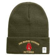 2nd Marine Division Retired Logo Embroidered 12 Inch Solid Knit Cuff Long Beanie Made in USA - Olive OSFM