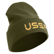 USSF Gold Letter Logo Embroidered 12 Inch Solid Knit Cuff Long Beanie Made in USA - Olive OSFM