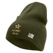 Licensed Star US Army Retired Military Embroidered 8 Inch Solid Knit Short Beanie Made in USA - Olive OSFM