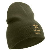 Licensed Star US Army Retired Military Embroidered 8 Inch Solid Knit Short Beanie Made in USA - Olive OSFM