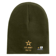 Licensed Star US Army Retired Military Embroidered 8 Inch Solid Knit Short Beanie Made in USA - Olive OSFM