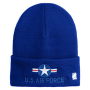 U.S. Air Force Roundel Logo Embroidered 12 Inch Solid Knit Cuff Long Beanie Made in USA - Royal-Blue OSFM