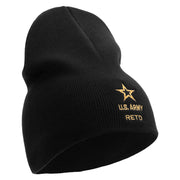 Licensed Star US Army Retired Military Embroidered 8 Inch Solid Knit Short Beanie Made in USA - Black OSFM