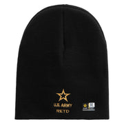 Licensed Star US Army Retired Military Embroidered 8 Inch Solid Knit Short Beanie Made in USA - Black OSFM