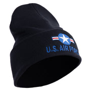U.S. Air Force Roundel Logo Embroidered 12 Inch Solid Knit Cuff Long Beanie Made in USA - Navy OSFM