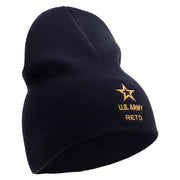 Licensed Star US Army Retired Military Embroidered 8 Inch Solid Knit Short Beanie Made in USA - Navy OSFM
