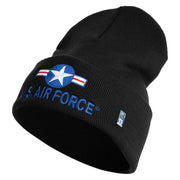 U.S. Air Force Roundel Logo Embroidered 12 Inch Solid Knit Cuff Long Beanie Made in USA - Black OSFM