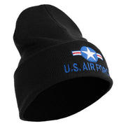 U.S. Air Force Roundel Logo Embroidered 12 Inch Solid Knit Cuff Long Beanie Made in USA - Black OSFM