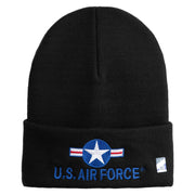 U.S. Air Force Roundel Logo Embroidered 12 Inch Solid Knit Cuff Long Beanie Made in USA - Black OSFM