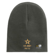 Licensed Star US Army Retired Military Embroidered 8 Inch Solid Knit Short Beanie Made in USA - Charcoal OSFM