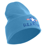 U.S. Air Force Roundel Logo Embroidered 12 Inch Solid Knit Cuff Long Beanie Made in USA - Carolina-Blue OSFM