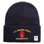 U.S. Marine Corps 2nd Marine Division Logo Embroidered 12 Inch Solid Knit Cuff Long Beanie Made in USA - Navy OSFM